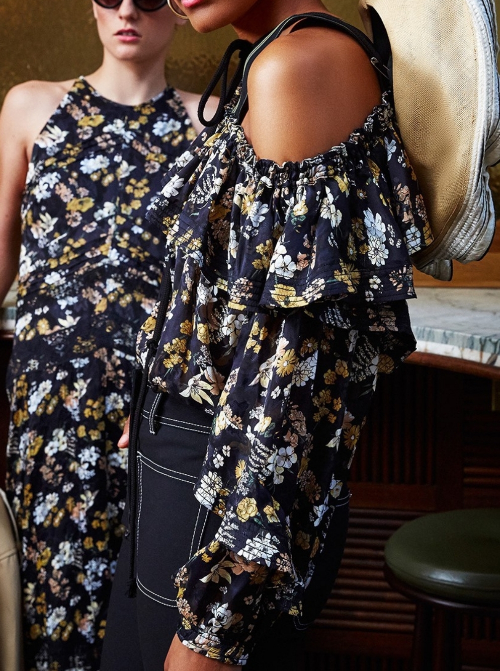 Derek Lam 10 Crosby Silk Floral Off-Shoulder Blouse in Black & Yellow Size Large